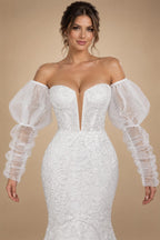 Glamorous White Sweetheart Neckline Mermaid Wedding Dress with Detachable Tulle Sleeves ZP056