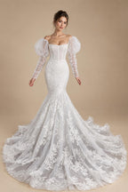 Glamorous White Sweetheart Neckline Mermaid Wedding Dress with Detachable Tulle Sleeves ZP056