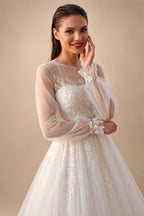 Elegant White Long Sheer Sleeve A-Line Tulle Wedding Dress with Lace Appliqués ZP057