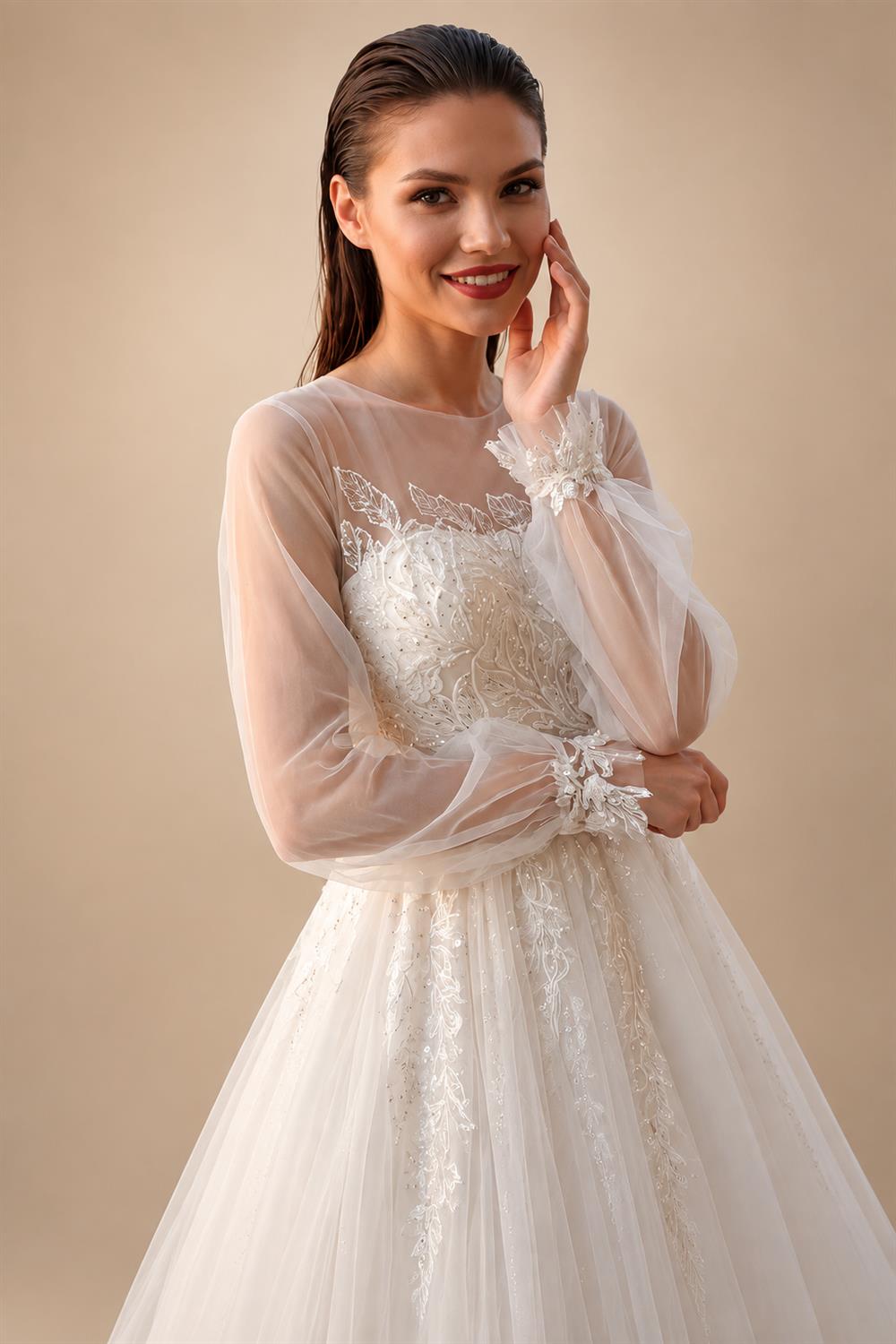 Elegant White Long Sheer Sleeve A-Line Tulle Wedding Dress with Lace Appliqués ZP057