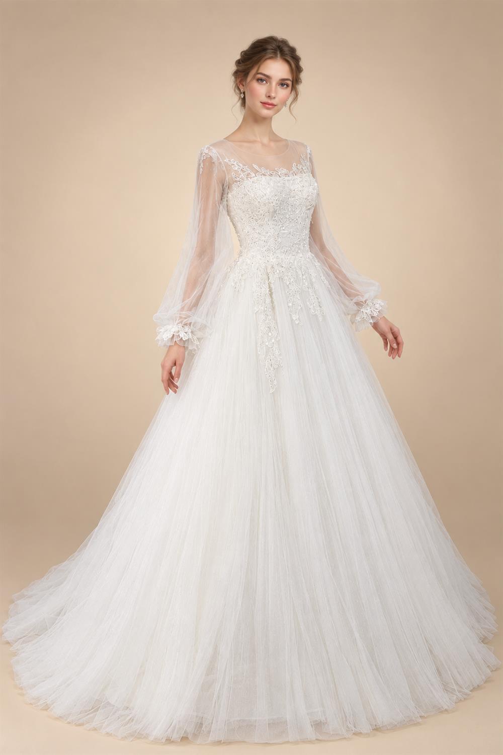 Elegant White Long Sheer Sleeve A-Line Tulle Wedding Dress with Lace Appliqués ZP057