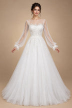Elegant White Long Sheer Sleeve A-Line Tulle Wedding Dress with Lace Appliqués ZP057