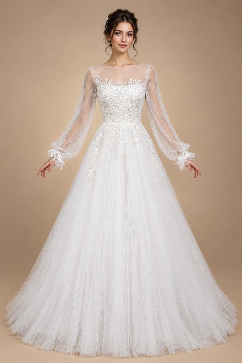 Elegant White Long Sheer Sleeve A-Line Tulle Wedding Dress with Lace Appliqués ZP057