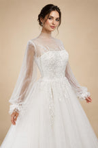 Elegant White Long Sheer Sleeve A-Line Tulle Wedding Dress with Lace Appliqués ZP057