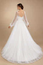 Elegant White Long Sheer Sleeve A-Line Tulle Wedding Dress with Lace Appliqués ZP057