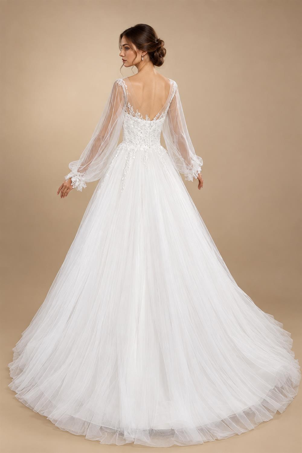 Elegant White Long Sheer Sleeve A-Line Tulle Wedding Dress with Lace Appliqués ZP057