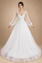 Elegant White Long Sheer Sleeve A-Line Tulle Wedding Dress with Lace Appliqués ZP057