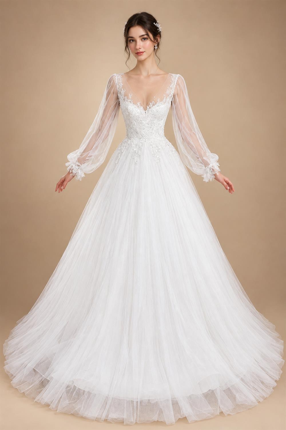 Elegant White Long Sheer Sleeve A-Line Tulle Wedding Dress with Lace Appliqués ZP057