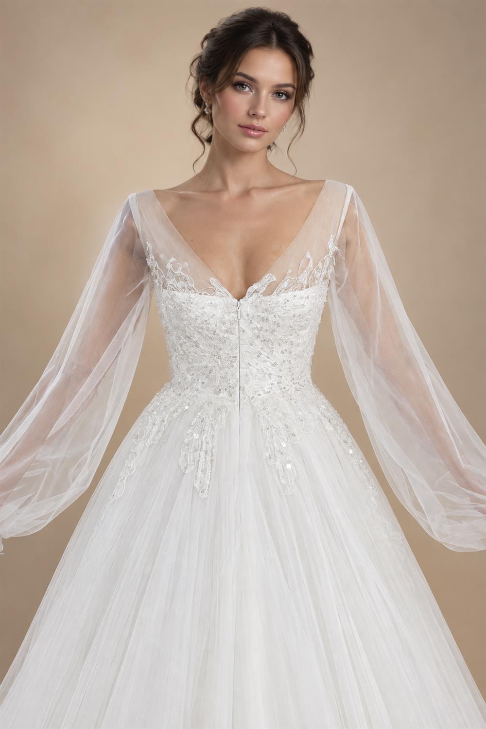 Elegant White Long Sheer Sleeve A-Line Tulle Wedding Dress with Lace Appliqués ZP057