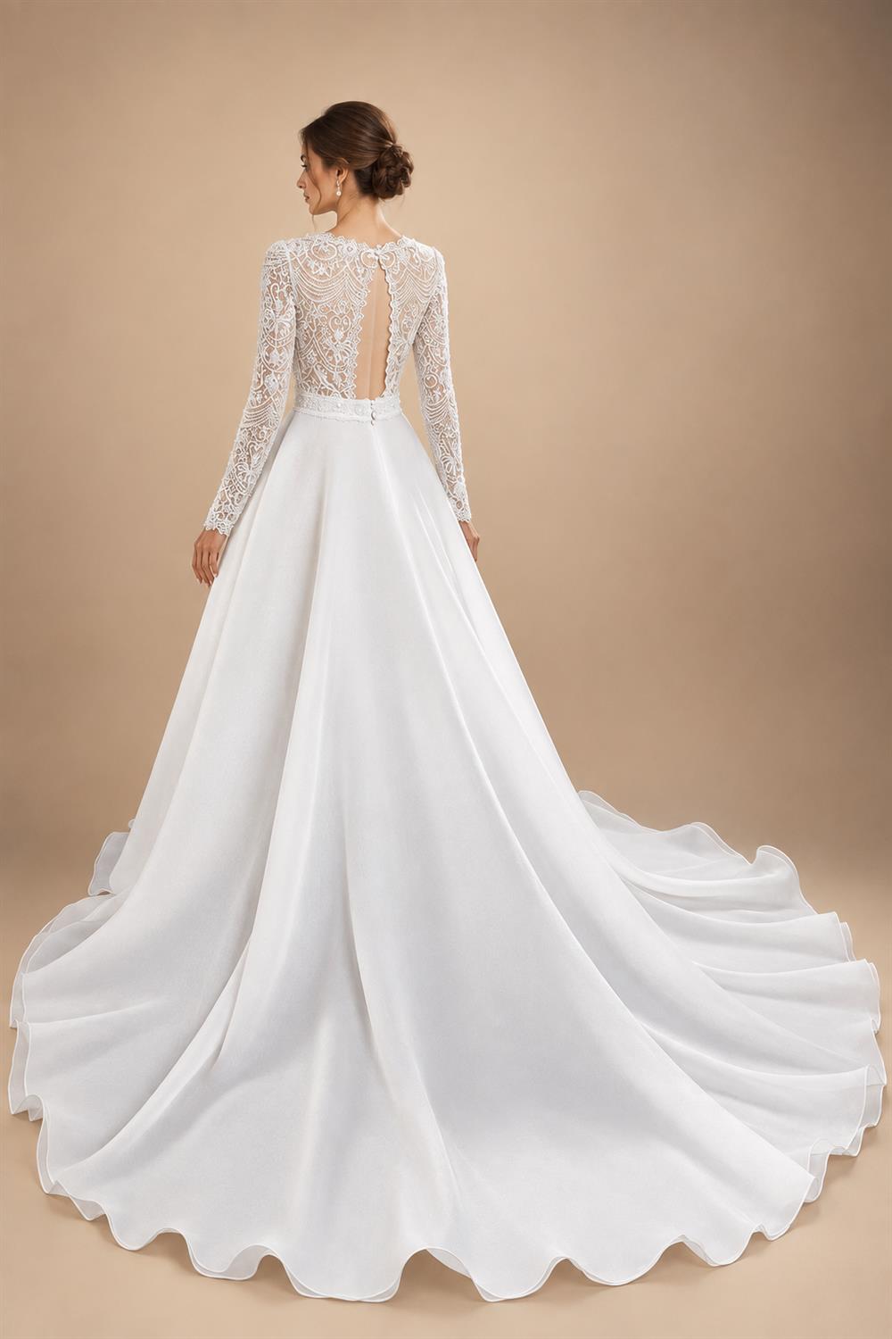 Glamorous White Long Sleeve Lace Wedding Dress with Removable Chiffon Overlay ZP058