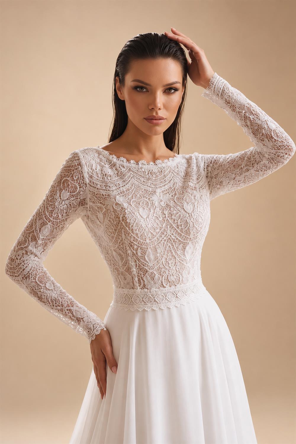 Glamorous White Long Sleeve Lace Wedding Dress with Removable Chiffon Overlay ZP058