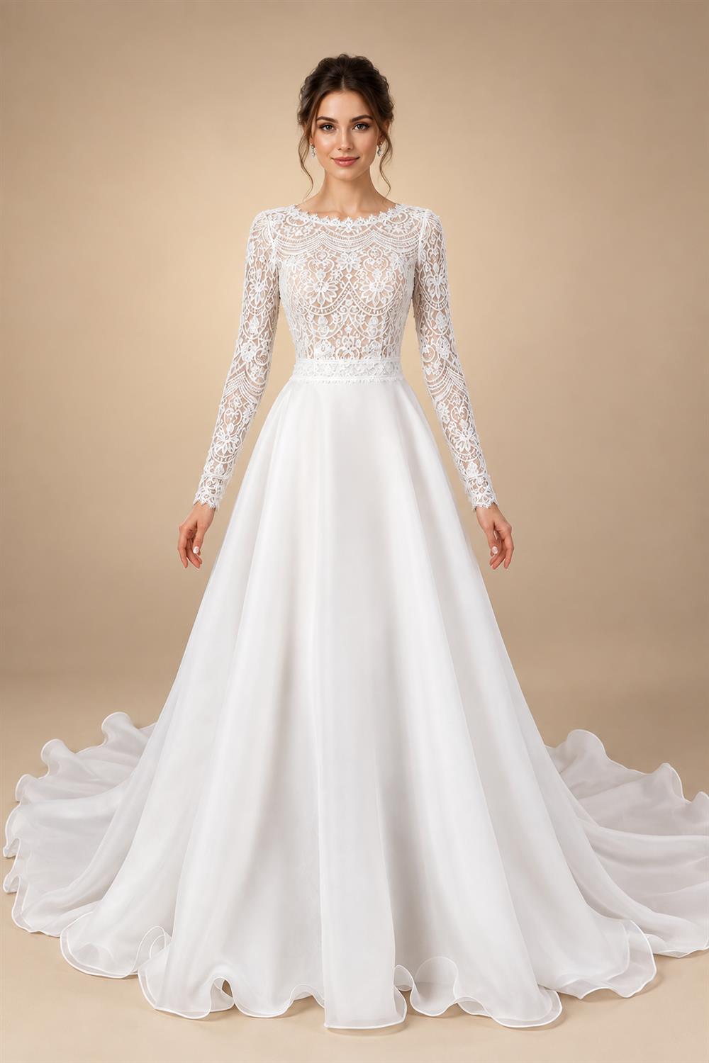 Glamorous White Long Sleeve Lace Wedding Dress with Removable Chiffon Overlay ZP058