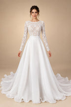 Glamorous White Long Sleeve Lace Wedding Dress with Removable Chiffon Overlay ZP058