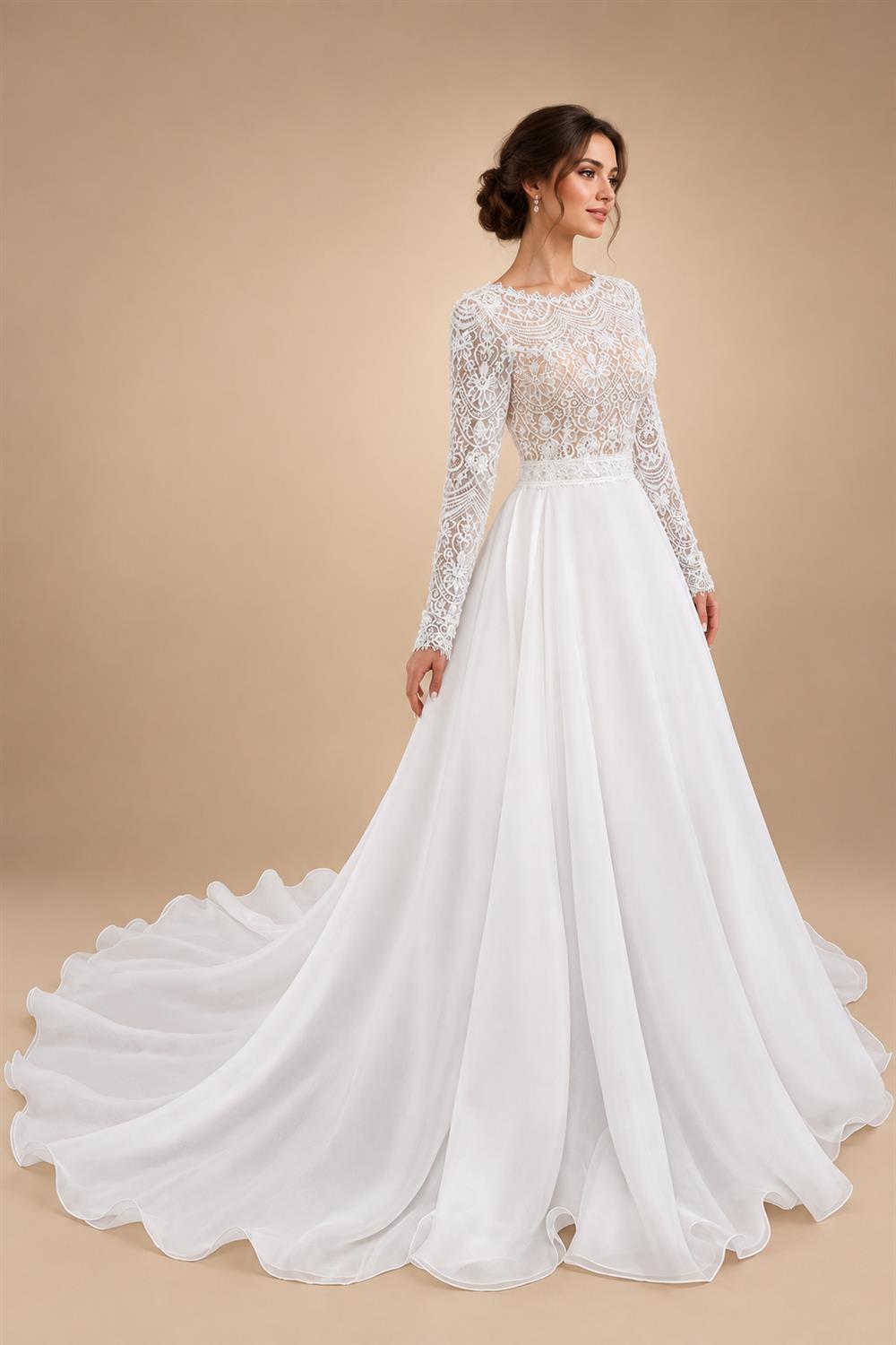 Glamorous White Long Sleeve Lace Wedding Dress with Removable Chiffon Overlay ZP058