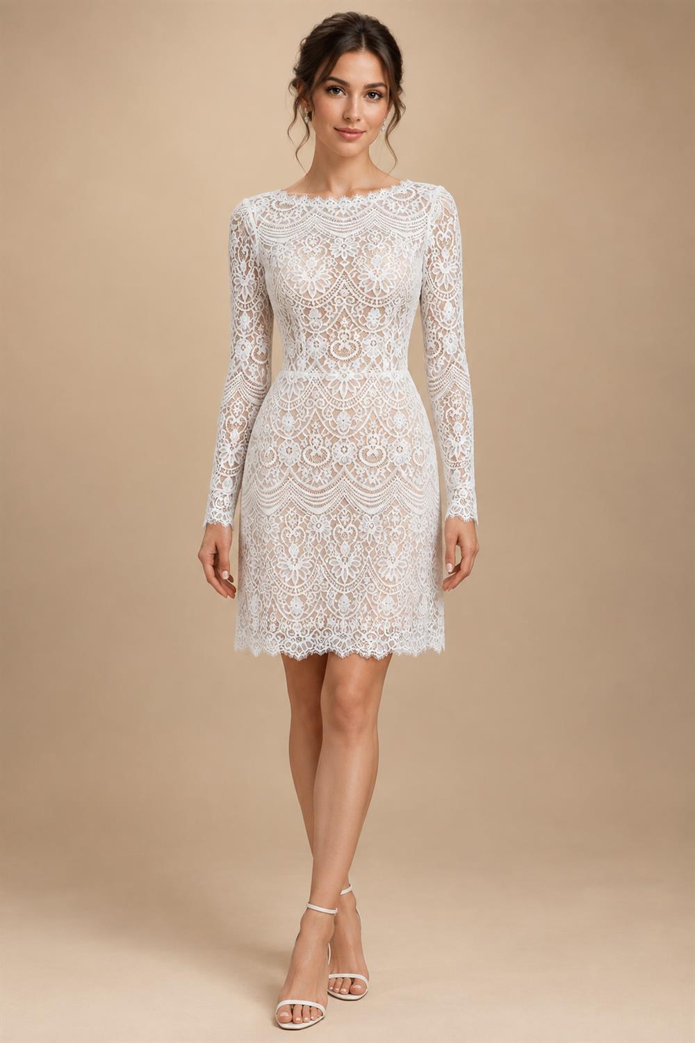 Glamorous White Long Sleeve Lace Wedding Dress with Removable Chiffon Overlay ZP058