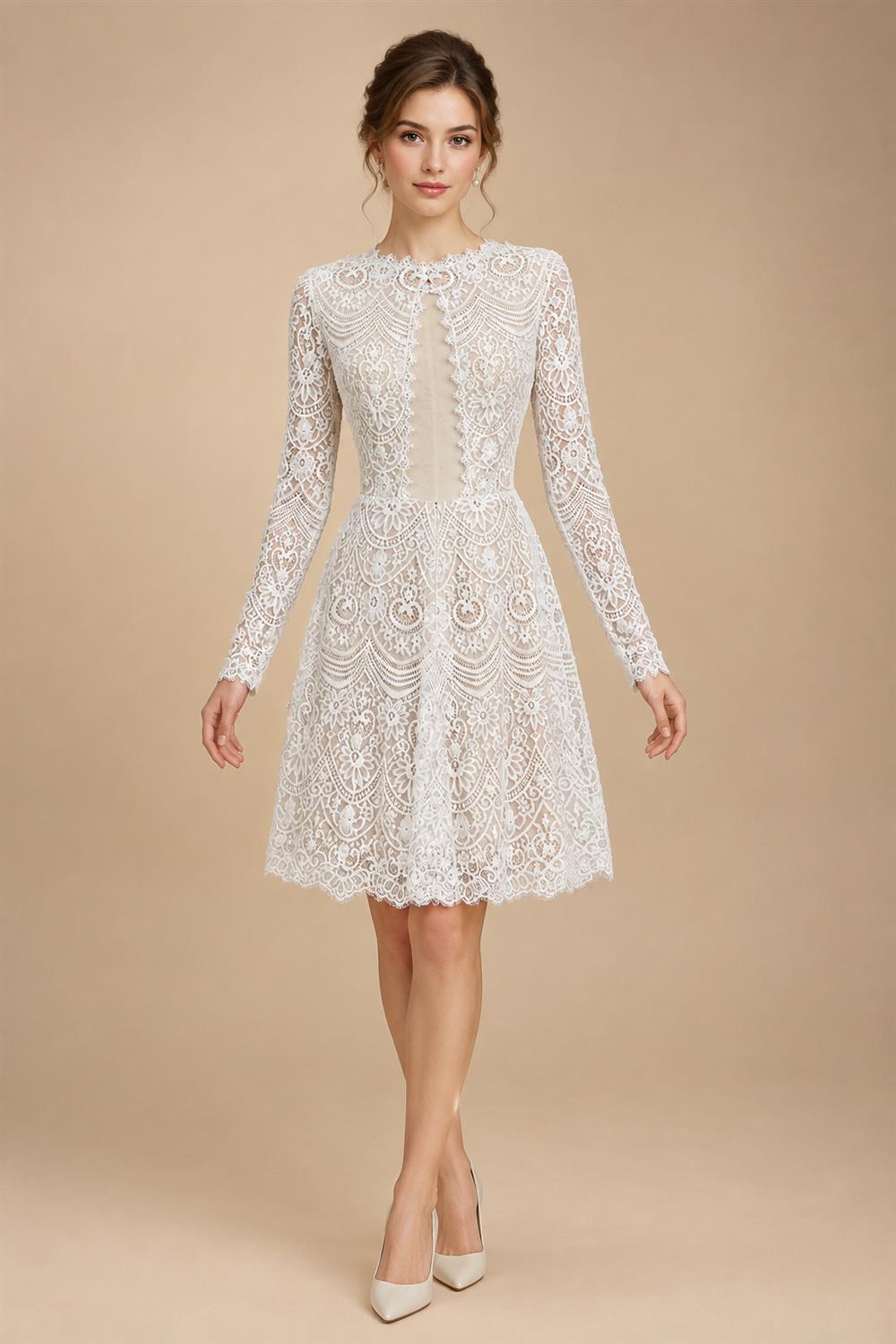 Glamorous White Long Sleeve Lace Wedding Dress with Removable Chiffon Overlay ZP058