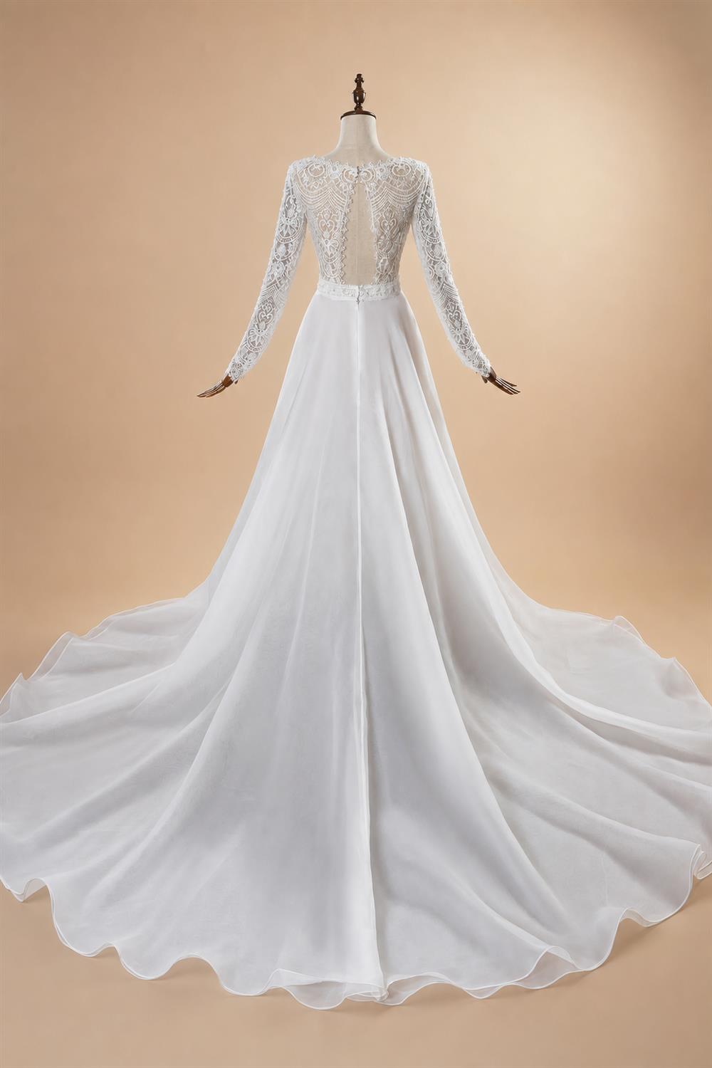 Glamorous White Long Sleeve Lace Wedding Dress with Removable Chiffon Overlay ZP058