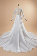 Glamorous White Long Sleeve Lace Wedding Dress with Removable Chiffon Overlay ZP058