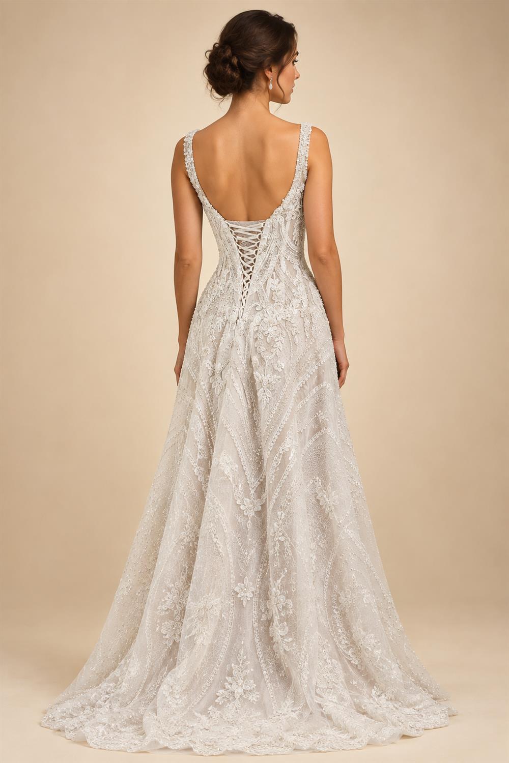 Luxury Ivory Beaded Lace Short Wedding Dress with Lace-Up Corset Back ZP059