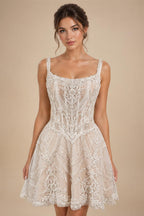 Luxury Ivory Beaded Lace Short Wedding Dress with Lace-Up Corset Back ZP059
