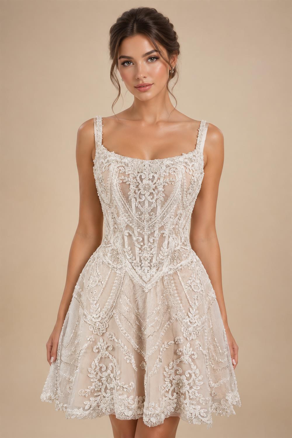 Luxury Ivory Beaded Lace Short Wedding Dress with Lace-Up Corset Back ZP059