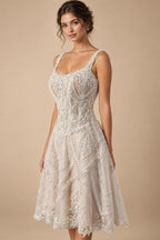 Luxury Ivory Beaded Lace Short Wedding Dress with Lace-Up Corset Back ZP059