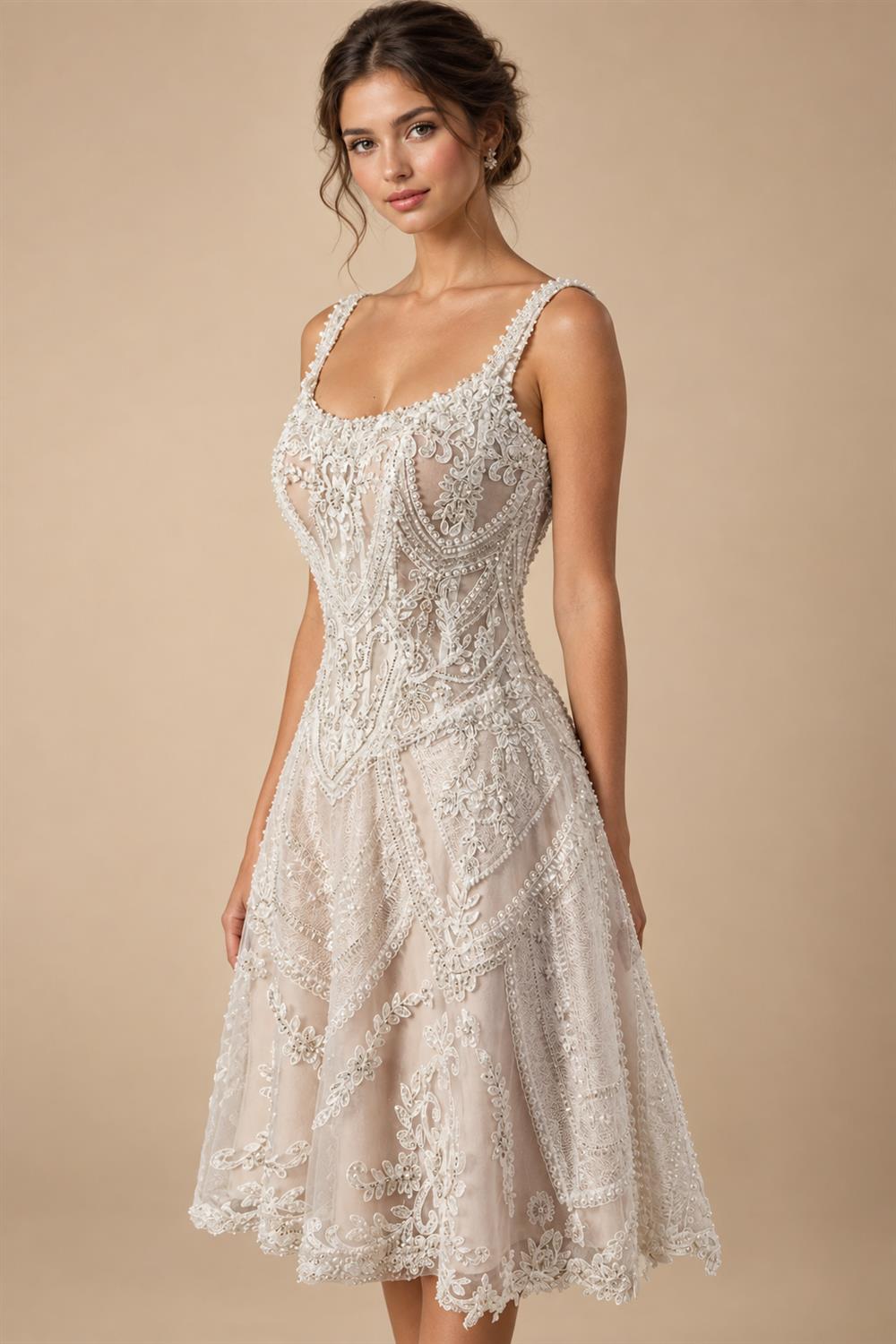 Luxury Ivory Beaded Lace Short Wedding Dress with Lace-Up Corset Back ZP059