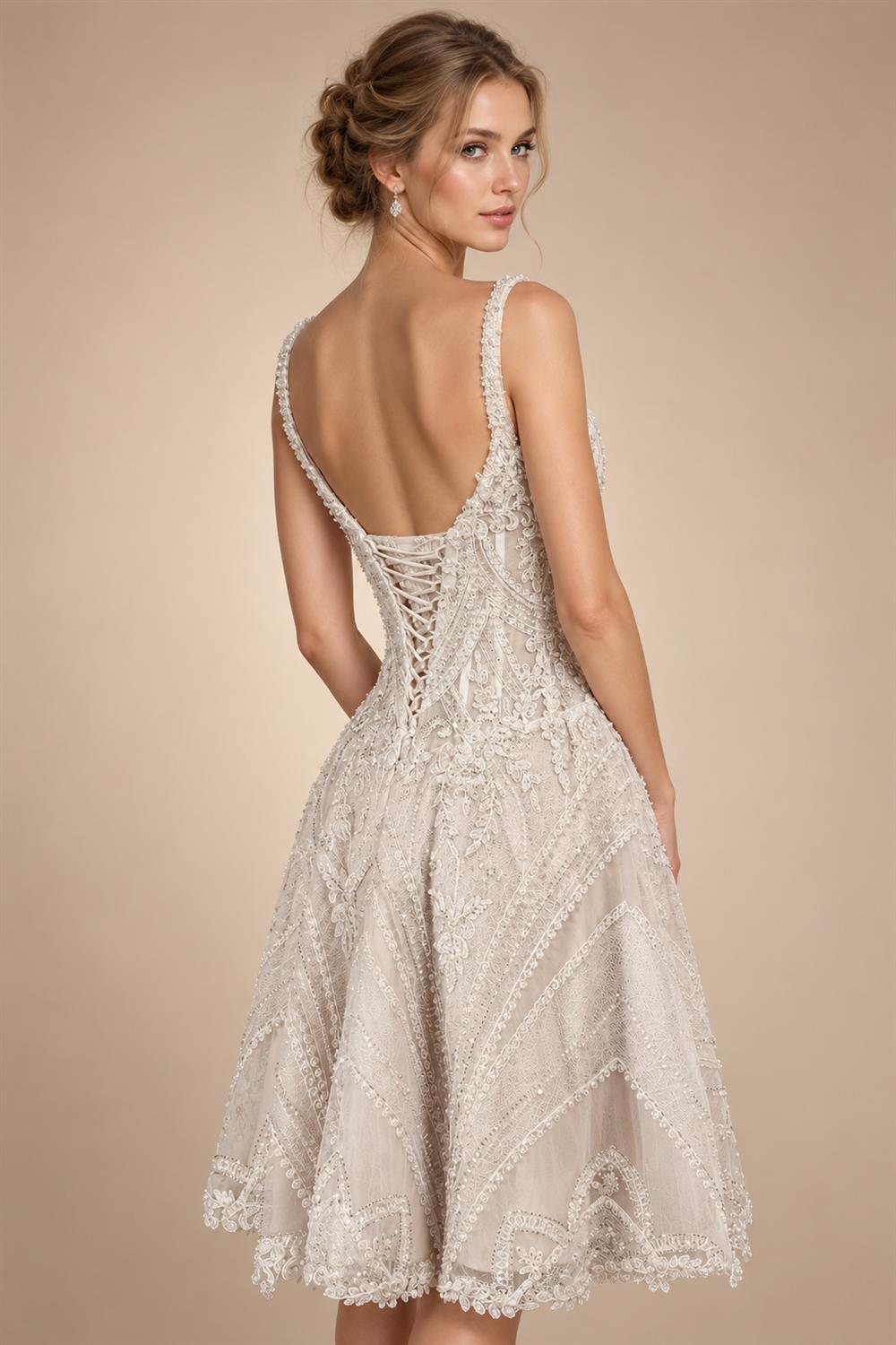 Luxury Ivory Beaded Lace Short Wedding Dress with Lace-Up Corset Back ZP059