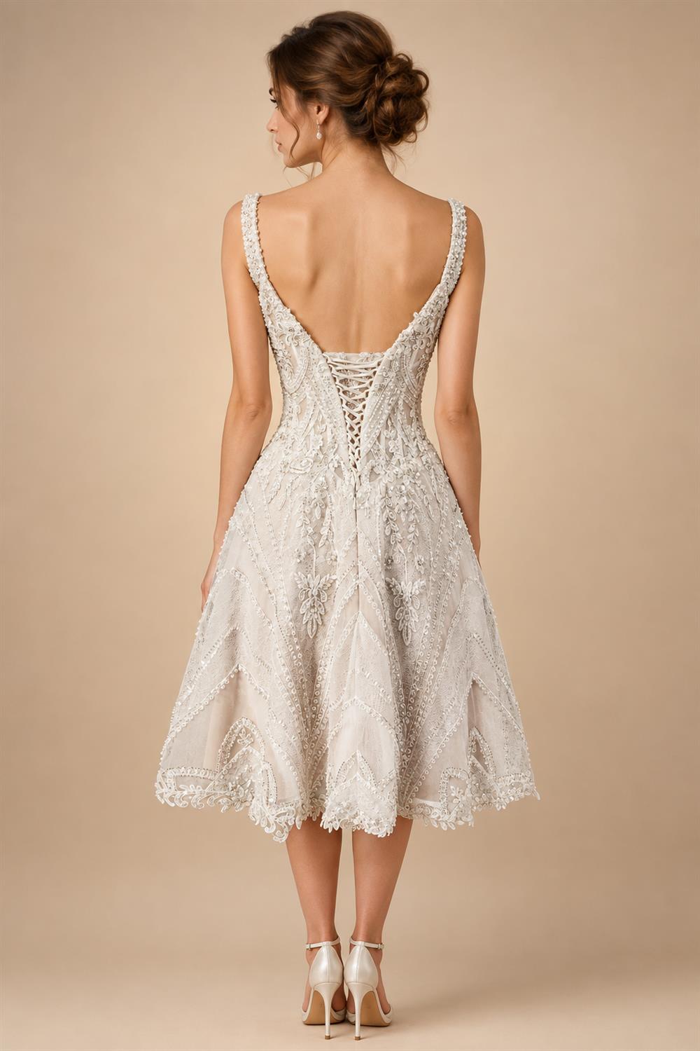 Luxury Ivory Beaded Lace Short Wedding Dress with Lace-Up Corset Back ZP059