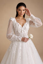 Elegant White V-Neck Long Sleeve Lace-Up Back A-Line Wedding Dress ZP060