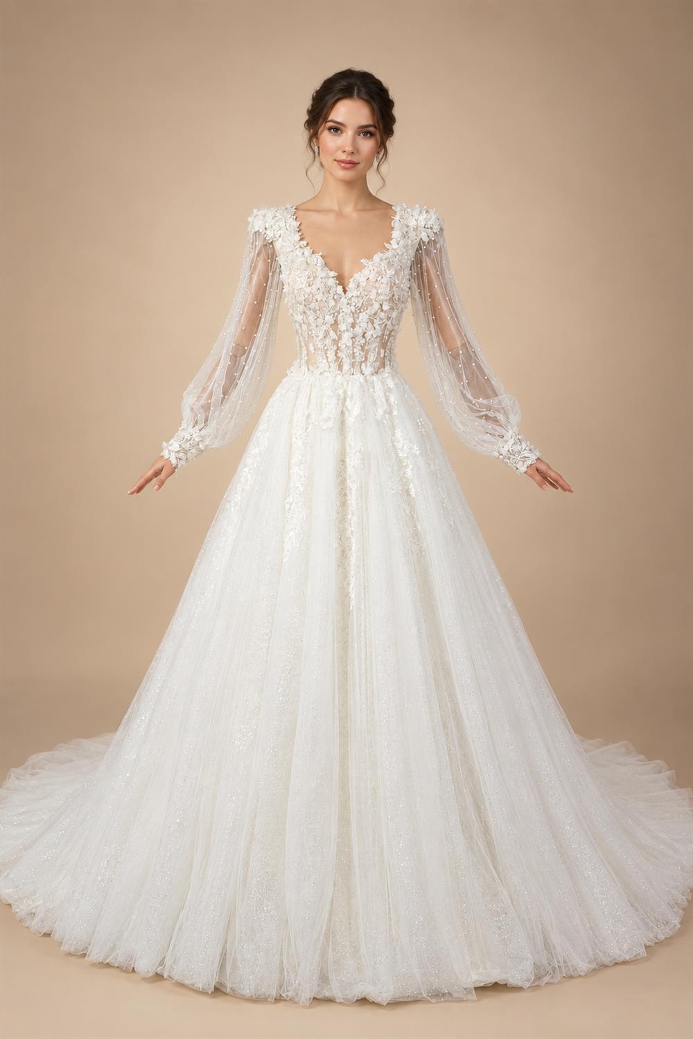Elegant White V-Neck Long Sleeve Lace-Up Back A-Line Wedding Dress ZP060