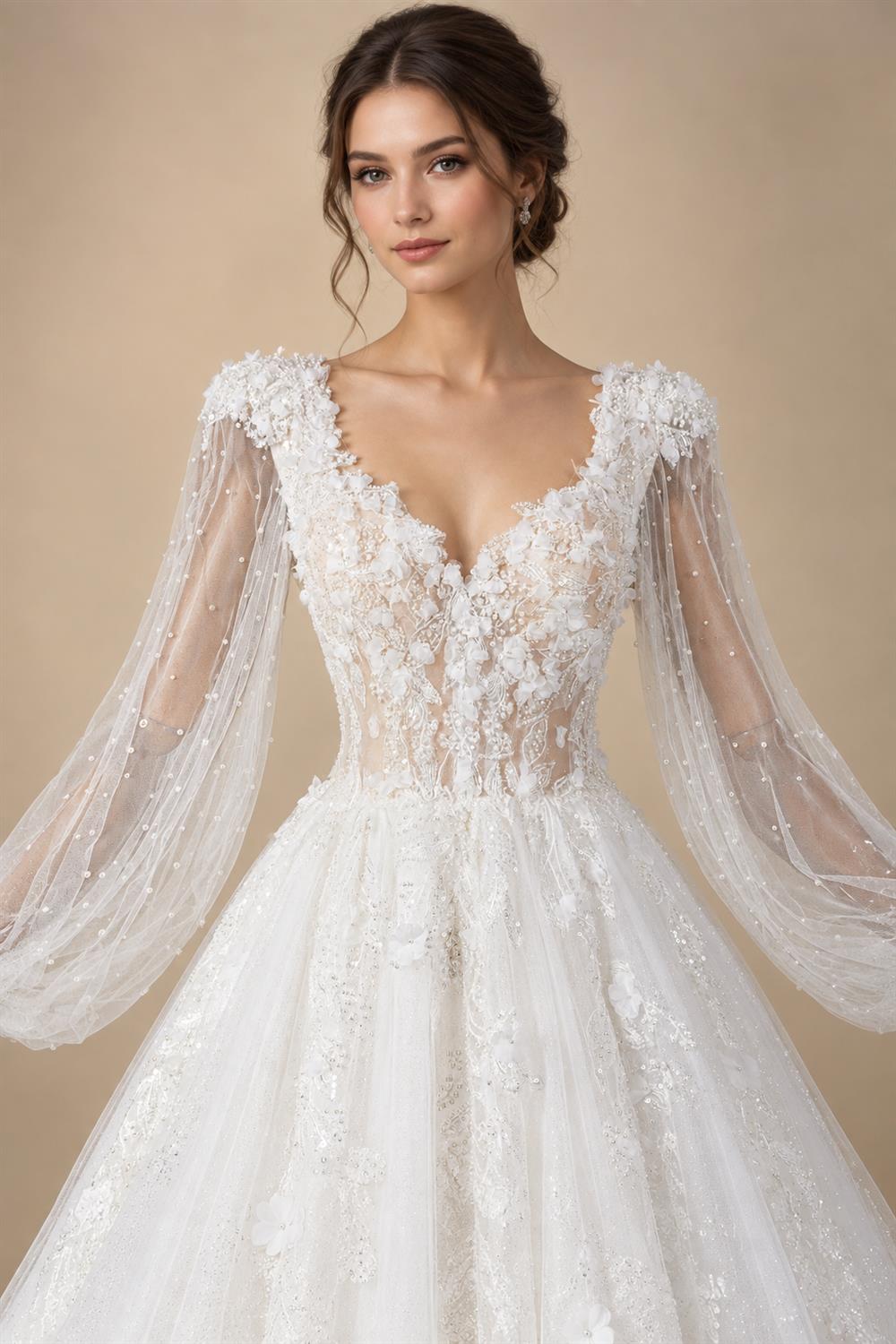 Elegant White V-Neck Long Sleeve Lace-Up Back A-Line Wedding Dress ZP060