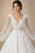 Elegant White V-Neck Long Sleeve Lace-Up Back A-Line Wedding Dress ZP060