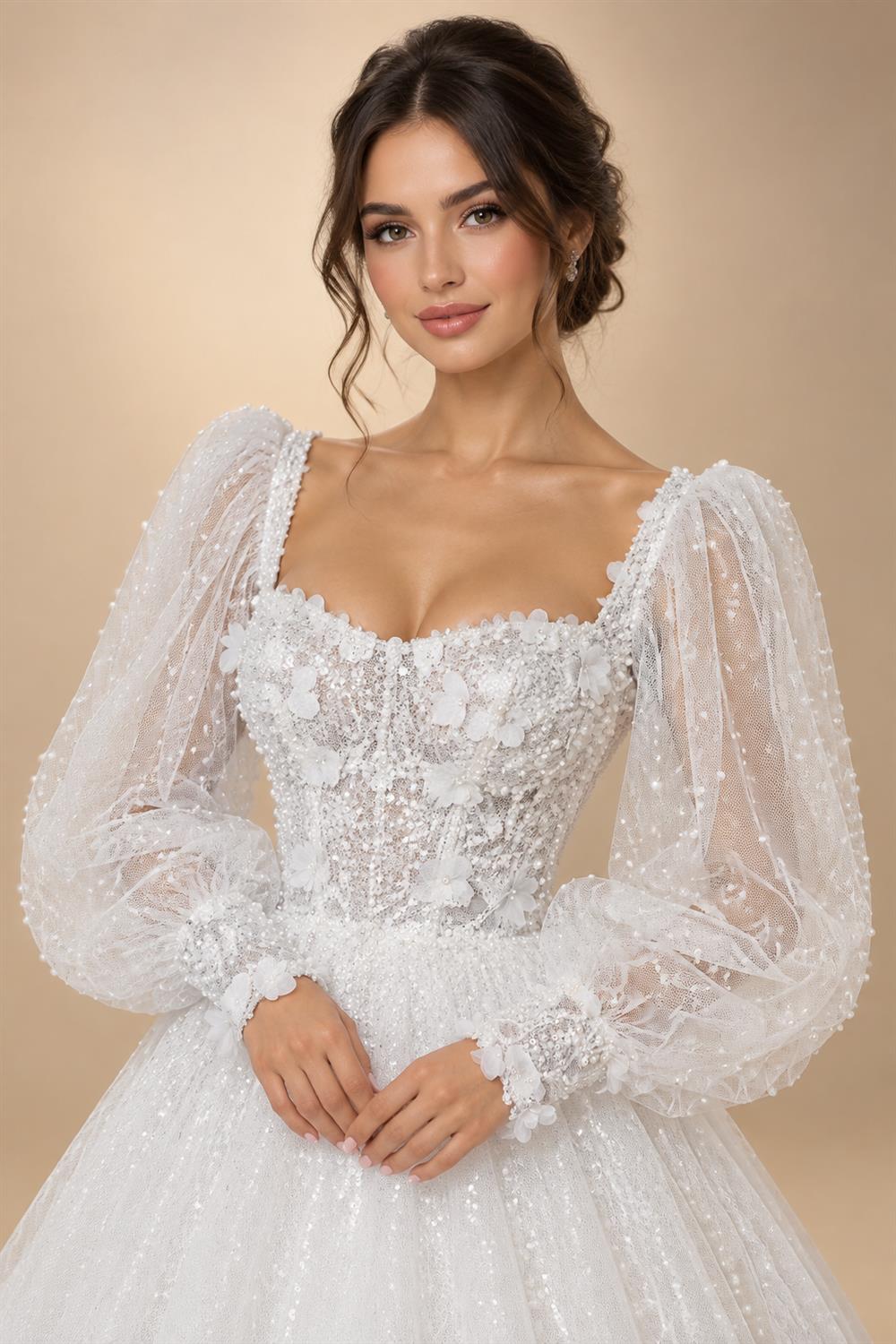 Elegant White V-Neck Long Sleeve Lace-Up Back A-Line Wedding Dress ZP060