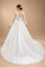 Elegant White V-Neck Long Sleeve Lace-Up Back A-Line Wedding Dress ZP060