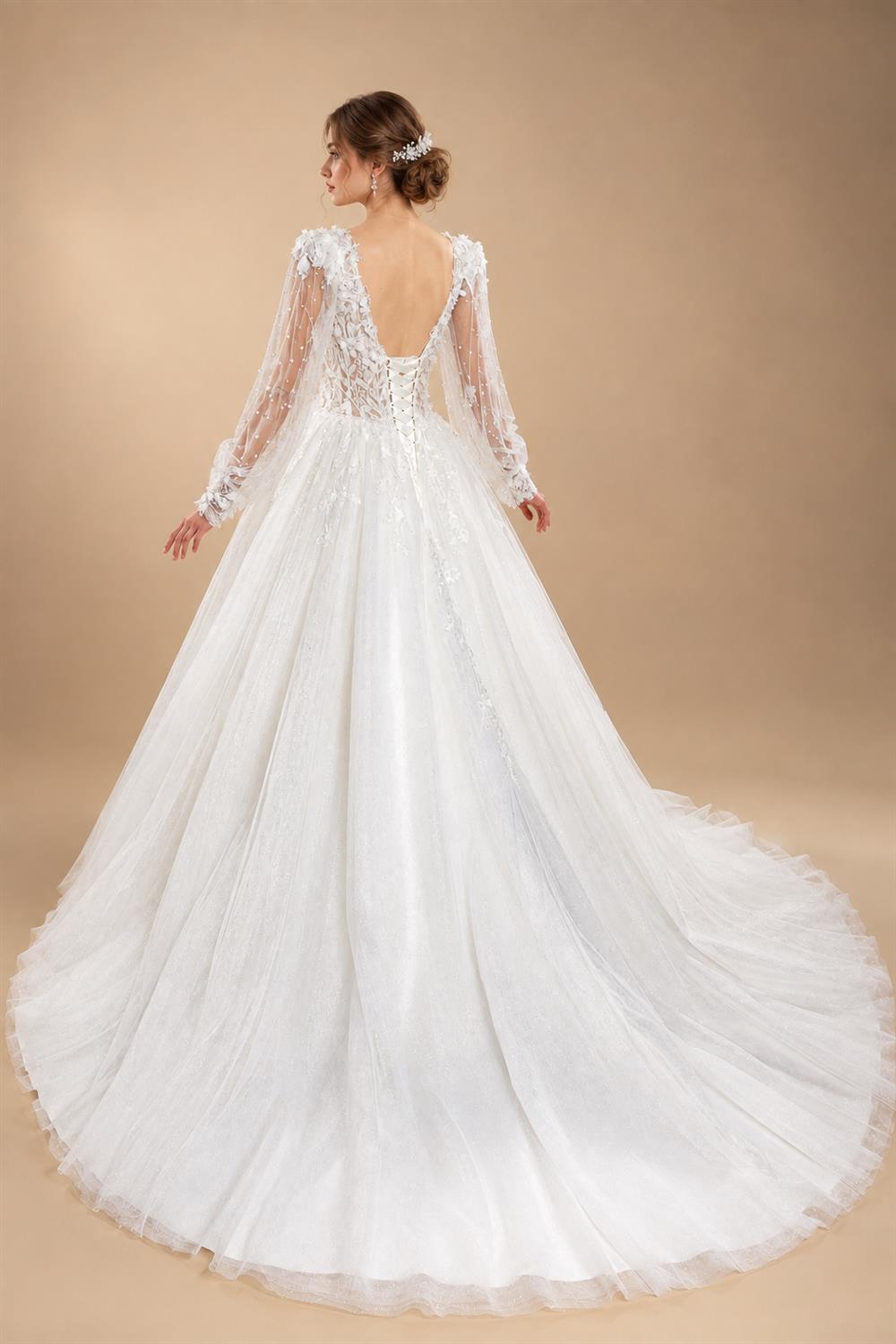 Elegant White V-Neck Long Sleeve Lace-Up Back A-Line Wedding Dress ZP060