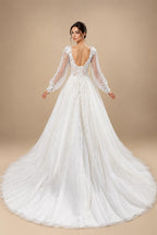 Elegant White V-Neck Long Sleeve Lace-Up Back A-Line Wedding Dress ZP060