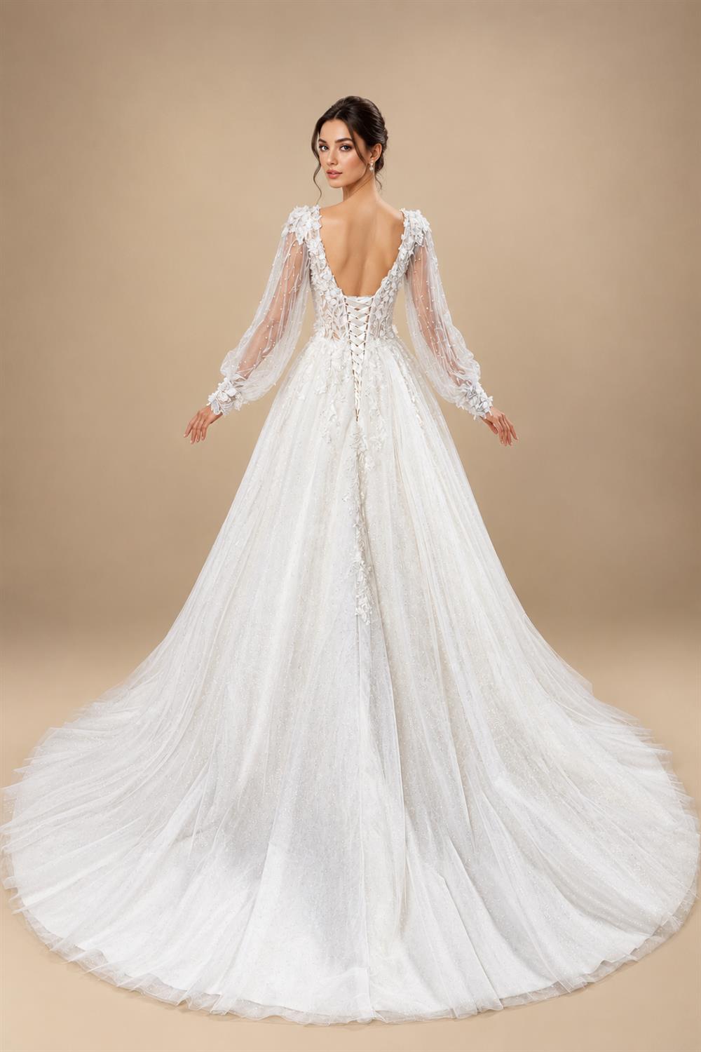 Elegant White V-Neck Long Sleeve Lace-Up Back A-Line Wedding Dress ZP060