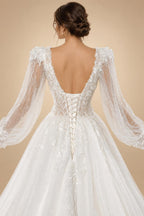Elegant White V-Neck Long Sleeve Lace-Up Back A-Line Wedding Dress ZP060