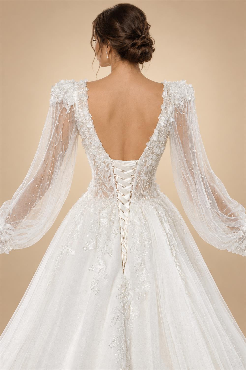 Elegant White V-Neck Long Sleeve Lace-Up Back A-Line Wedding Dress ZP060