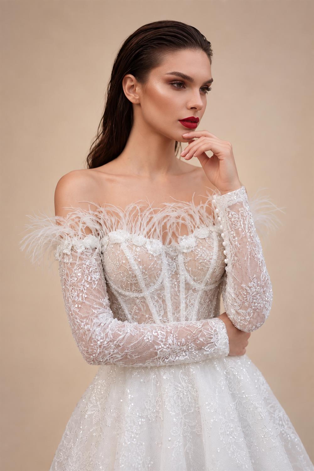 Elegant White Off-Shoulder Feather Lace Corset Mini Wedding Dress ZP061