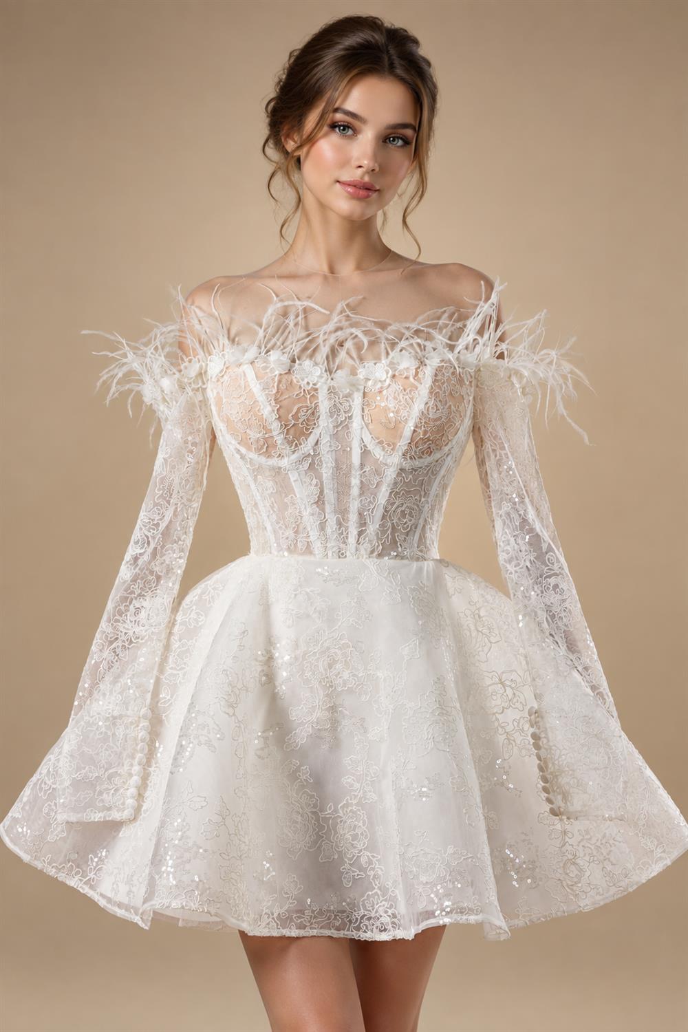 Elegant White Off-Shoulder Feather Lace Corset Mini Wedding Dress ZP061