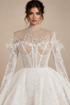 Elegant White Off-Shoulder Feather Lace Corset Mini Wedding Dress ZP061