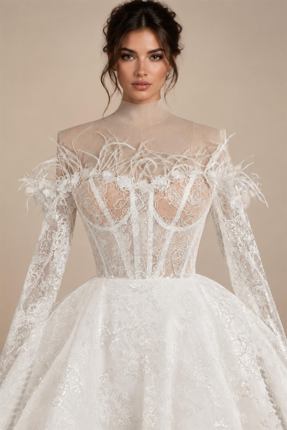 Elegant White Off-Shoulder Feather Lace Corset Mini Wedding Dress ZP061