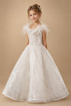 Elegant White Off-Shoulder Feather Lace Corset Mini Wedding Dress ZP061