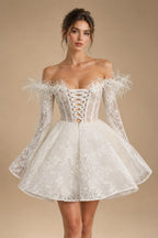 Elegant White Off-Shoulder Feather Lace Corset Mini Wedding Dress ZP061