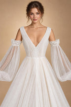 Elegant Ivory V-Neck Detachable Puff Sleeve Lace Tulle Wedding Dress with Train ZP062