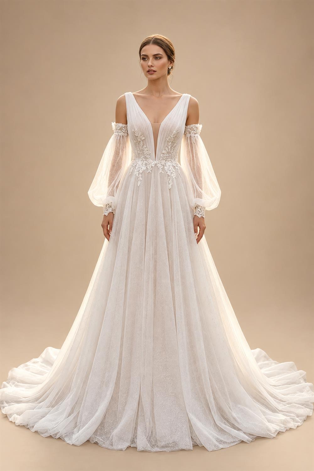 Elegant Ivory V-Neck Detachable Puff Sleeve Lace Tulle Wedding Dress with Train ZP062