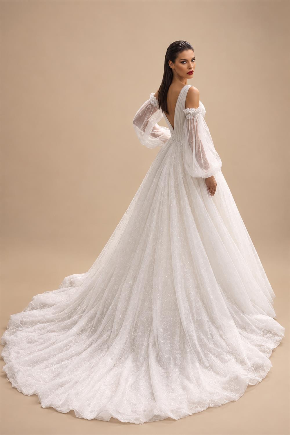 Elegant Ivory V-Neck Detachable Puff Sleeve Lace Tulle Wedding Dress with Train ZP062