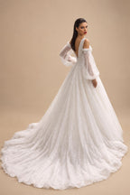 Elegant Ivory V-Neck Detachable Puff Sleeve Lace Tulle Wedding Dress with Train ZP062